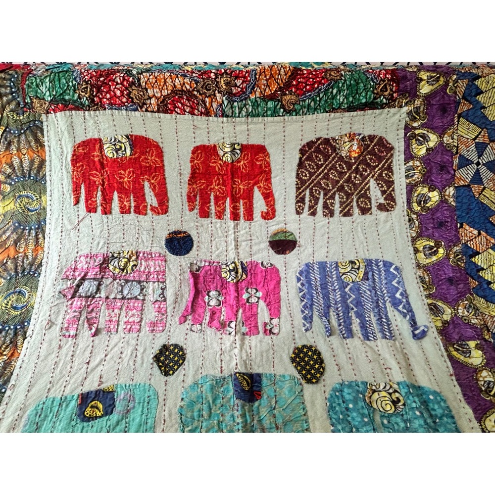 Handmade Vintage Elephant Kantha Quilt Full/Twin Bedspread Patchwork Bohemian